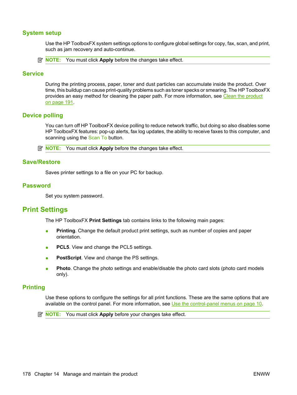 System setup, Service, Device polling | Save/restore, Password, Print settings, Printing | HP Color LaserJet CM2320 Multifunction Printer series User Manual | Page 190 / 292