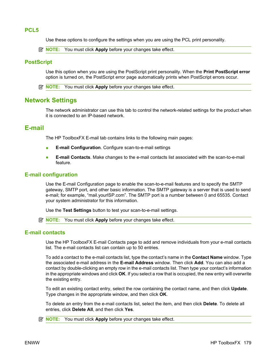 Pcl5, Postscript, Network settings | E-mail, E-mail configuration, E-mail contacts, Network settings e-mail | HP Color LaserJet CM2320 Multifunction Printer series User Manual | Page 191 / 292