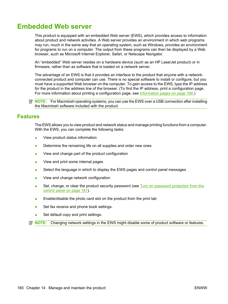 Embedded web server, Features | HP Color LaserJet CM2320 Multifunction Printer series User Manual | Page 192 / 292