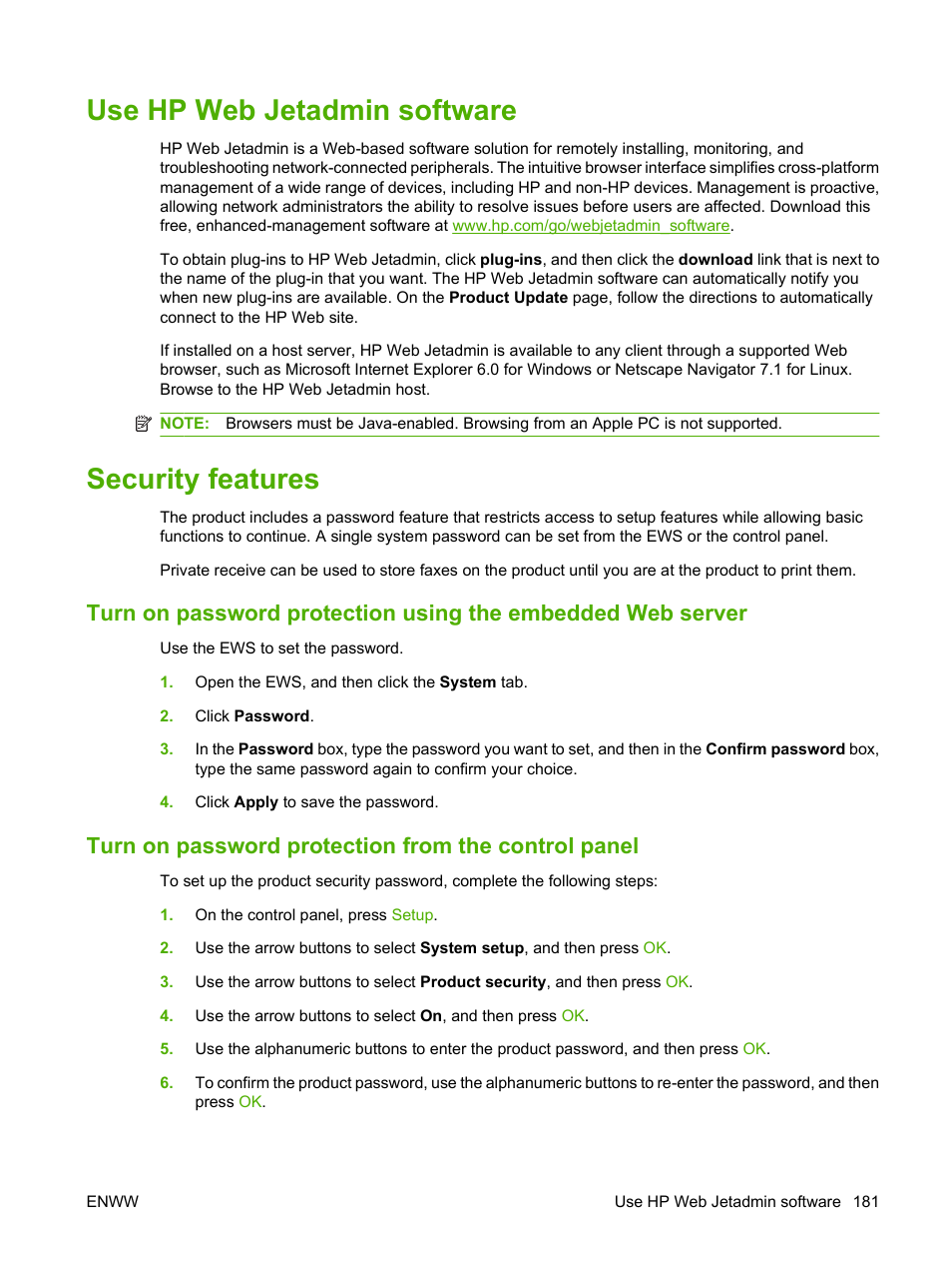 Use hp web jetadmin software, Security features, Turn on password protection from the control panel | Use hp web jetadmin software security features, Turn on password protection, Turn on password protection from the | HP Color LaserJet CM2320 Multifunction Printer series User Manual | Page 193 / 292