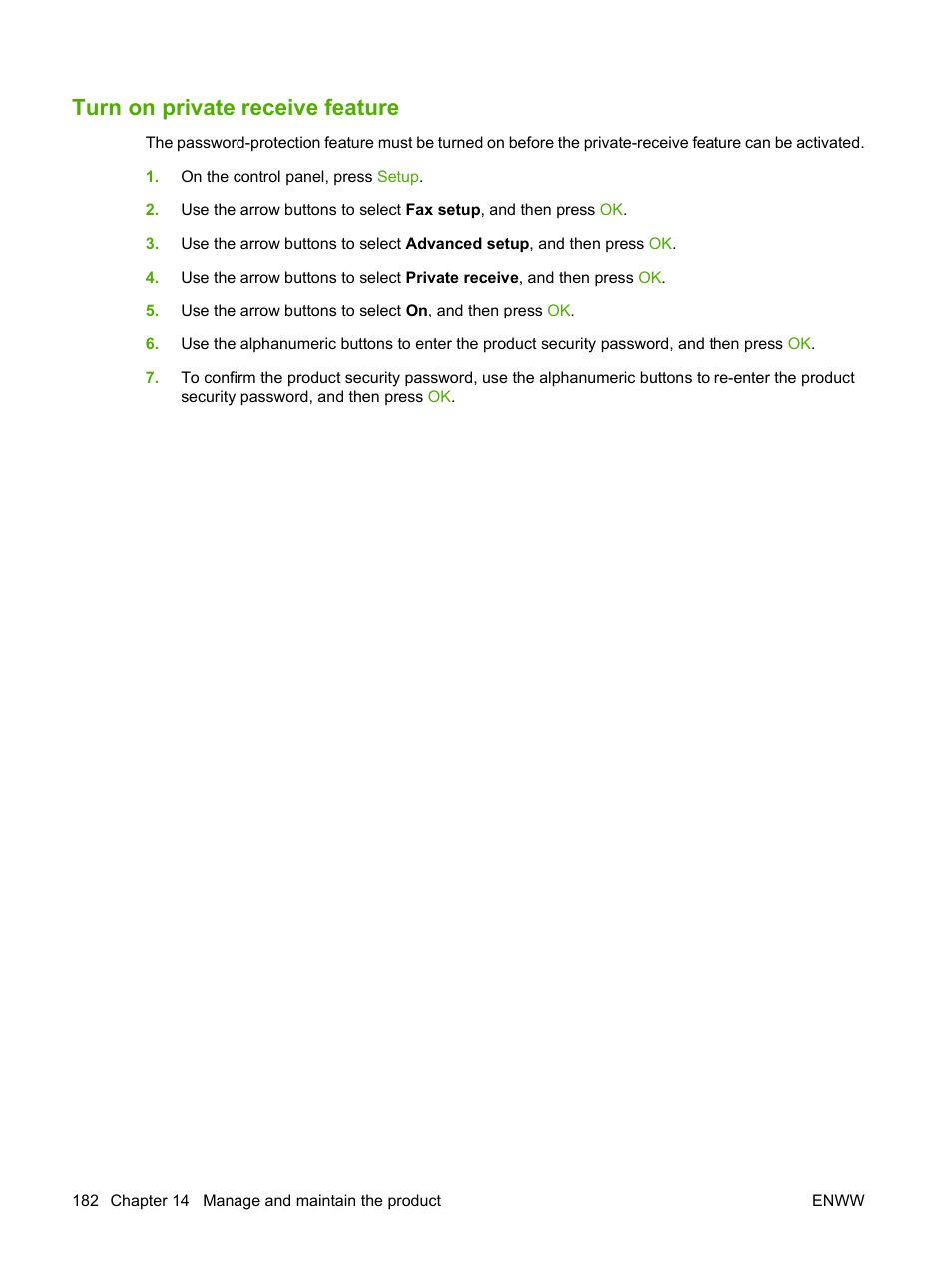 Turn on private receive feature | HP Color LaserJet CM2320 Multifunction Printer series User Manual | Page 194 / 292