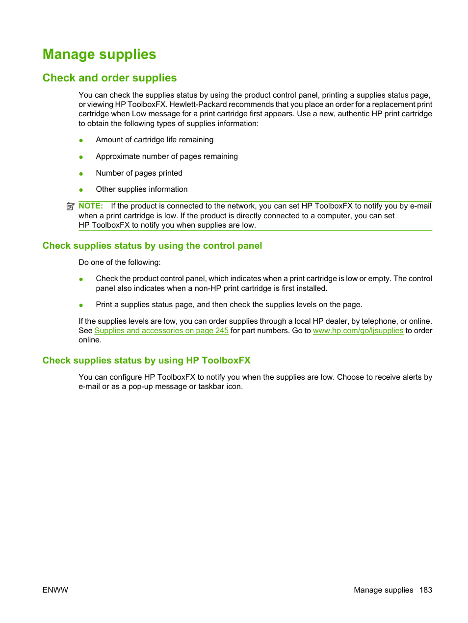 Manage supplies, Check and order supplies, Check supplies status by using the control panel | Check supplies status by using hp toolboxfx | HP Color LaserJet CM2320 Multifunction Printer series User Manual | Page 195 / 292