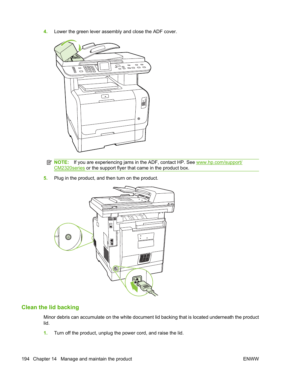 Clean the lid backing | HP Color LaserJet CM2320 Multifunction Printer series User Manual | Page 206 / 292