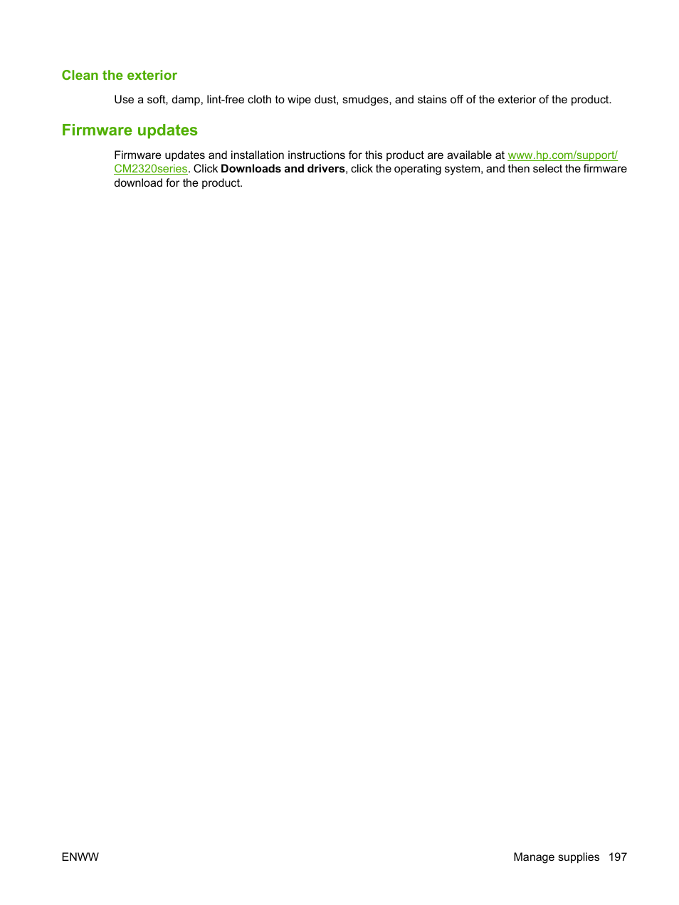 Clean the exterior, Firmware updates | HP Color LaserJet CM2320 Multifunction Printer series User Manual | Page 209 / 292