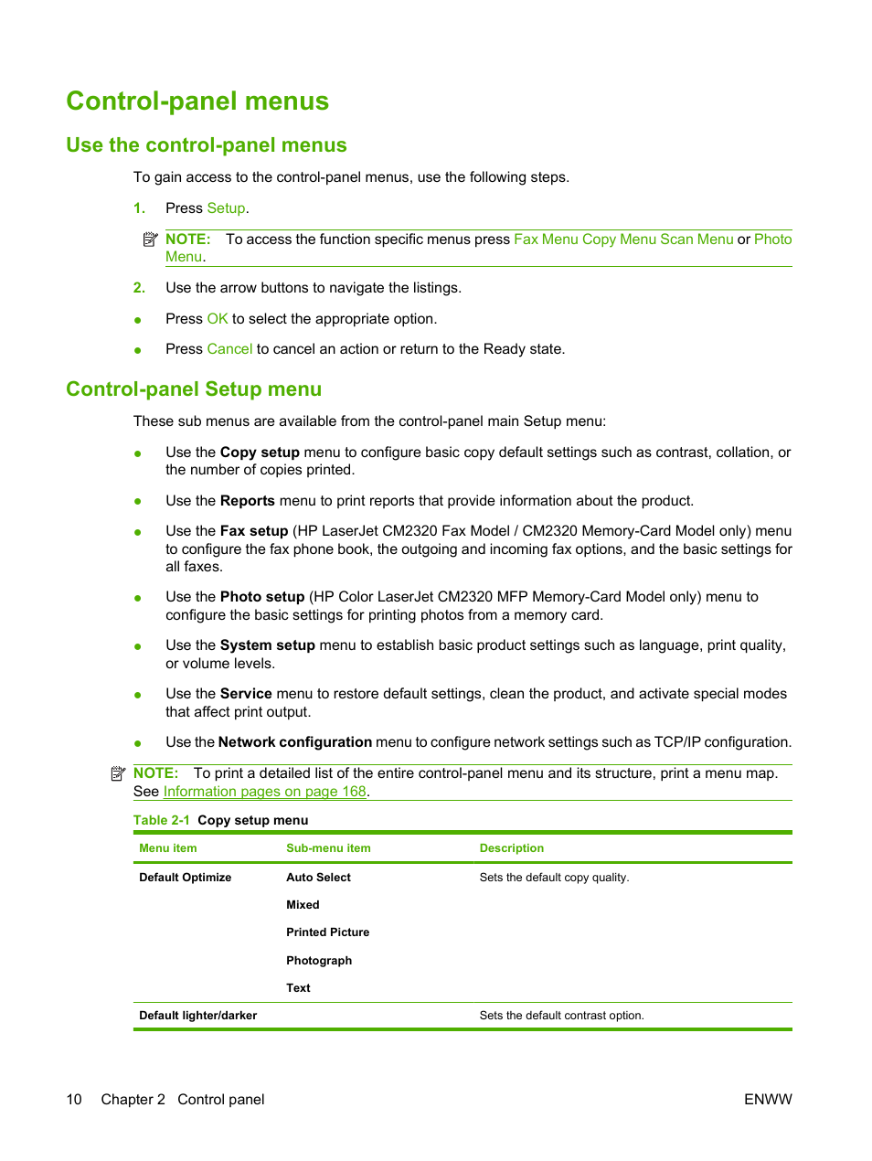 Control-panel menus, Use the control-panel menus, Control-panel setup menu | HP Color LaserJet CM2320 Multifunction Printer series User Manual | Page 22 / 292