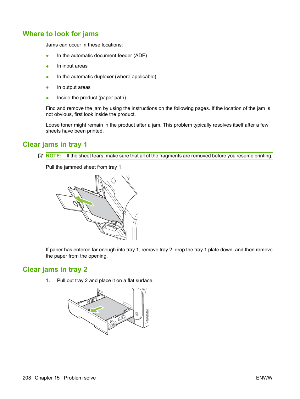 Where to look for jams, Clear jams in tray 1, Clear jams in tray 2 | HP Color LaserJet CM2320 Multifunction Printer series User Manual | Page 220 / 292