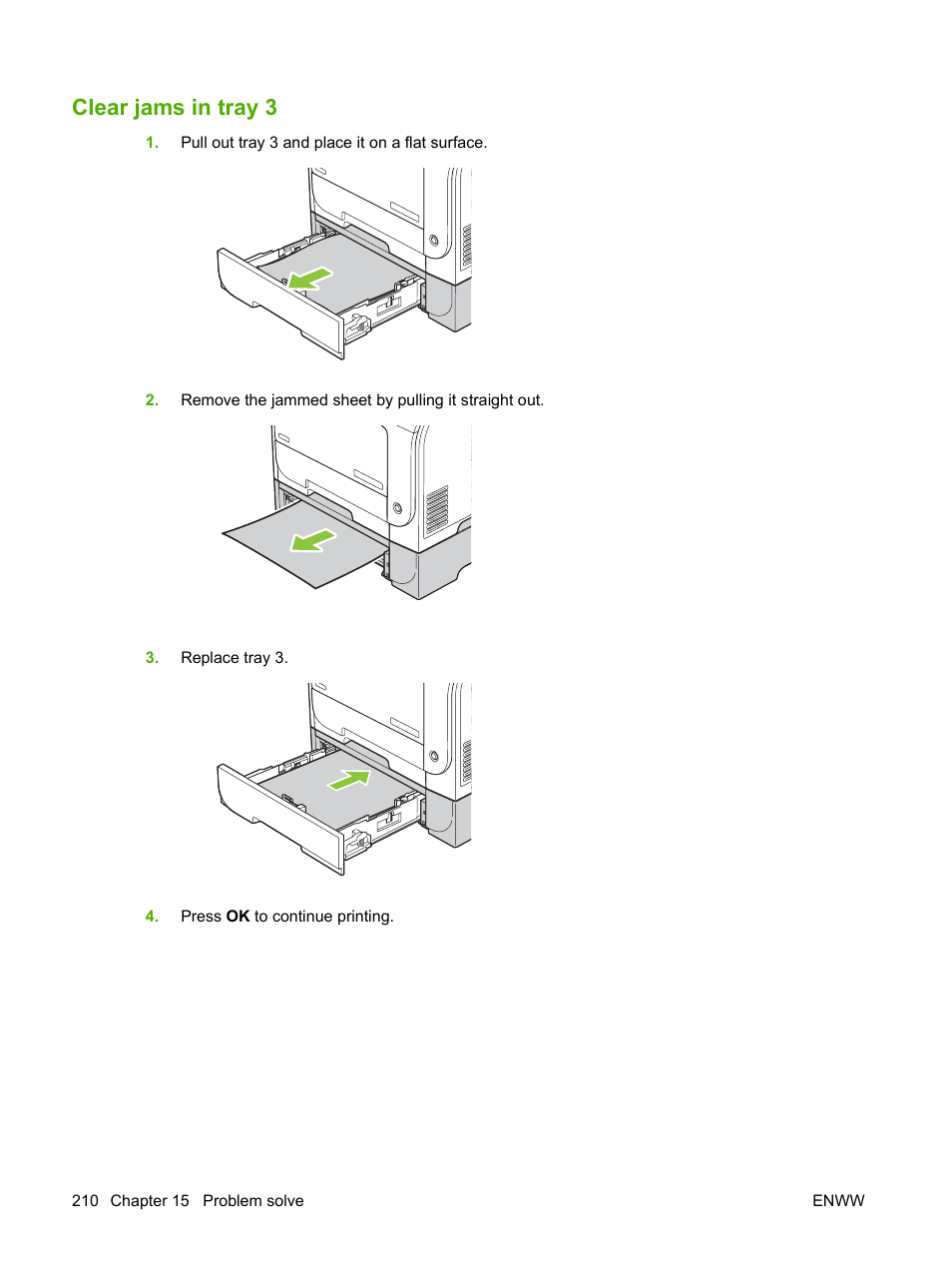 Clear jams in tray 3 | HP Color LaserJet CM2320 Multifunction Printer series User Manual | Page 222 / 292
