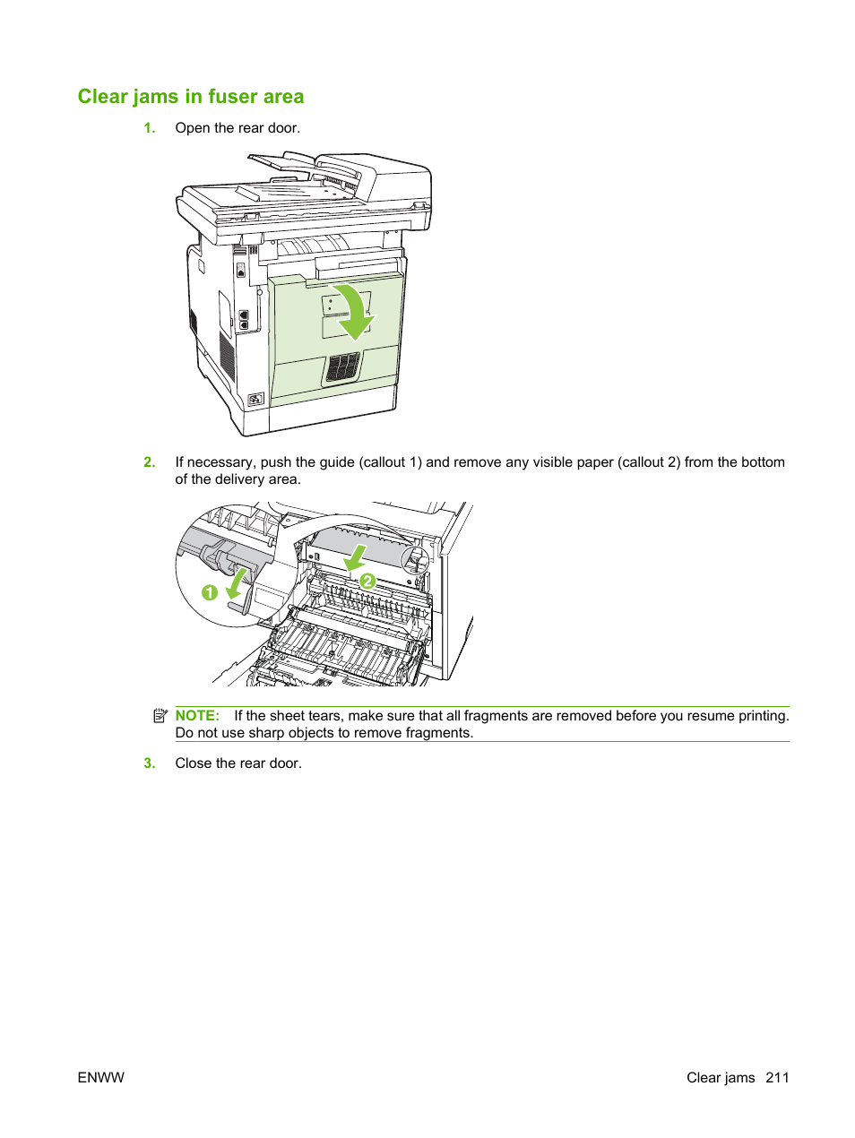 Clear jams in fuser area | HP Color LaserJet CM2320 Multifunction Printer series User Manual | Page 223 / 292