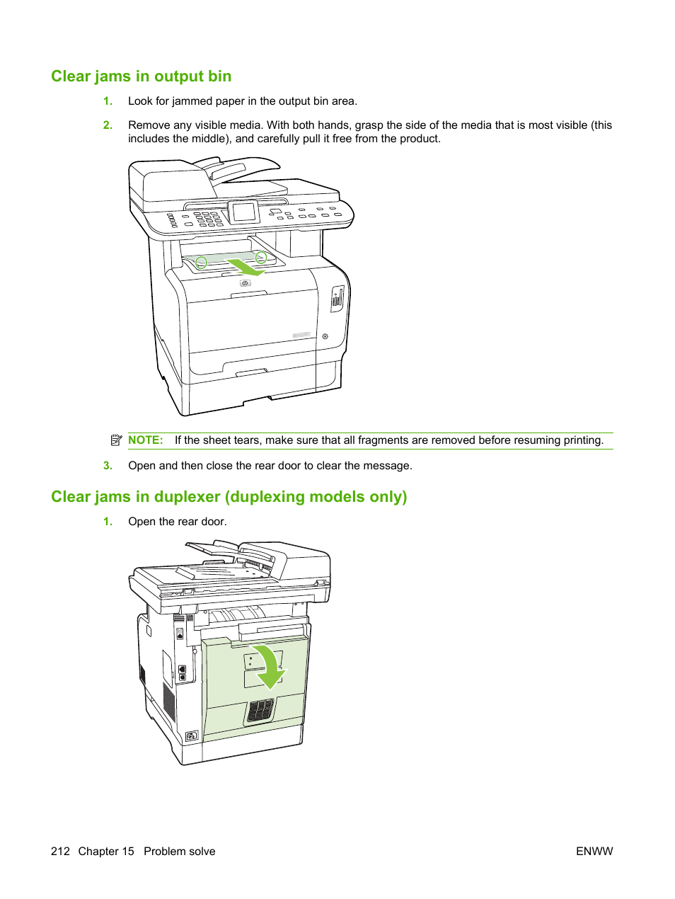 Clear jams in output bin, Clear jams in duplexer (duplexing models only) | HP Color LaserJet CM2320 Multifunction Printer series User Manual | Page 224 / 292
