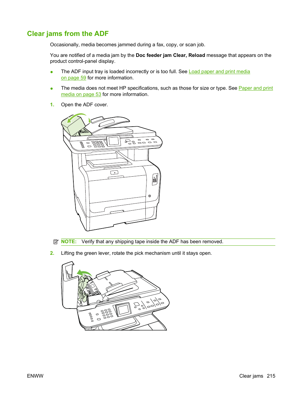 Clear jams from the adf | HP Color LaserJet CM2320 Multifunction Printer series User Manual | Page 227 / 292