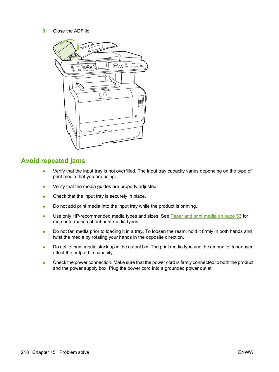 Avoid repeated jams | HP Color LaserJet CM2320 Multifunction Printer series User Manual | Page 230 / 292