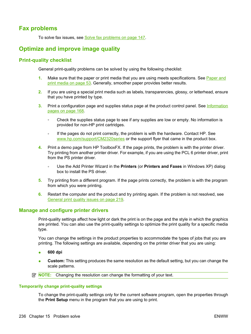 Fax problems, Optimize and improve image quality, Print-quality checklist | Manage and configure printer drivers, Temporarily change print-quality settings, Fax problems optimize and improve image quality | HP Color LaserJet CM2320 Multifunction Printer series User Manual | Page 248 / 292