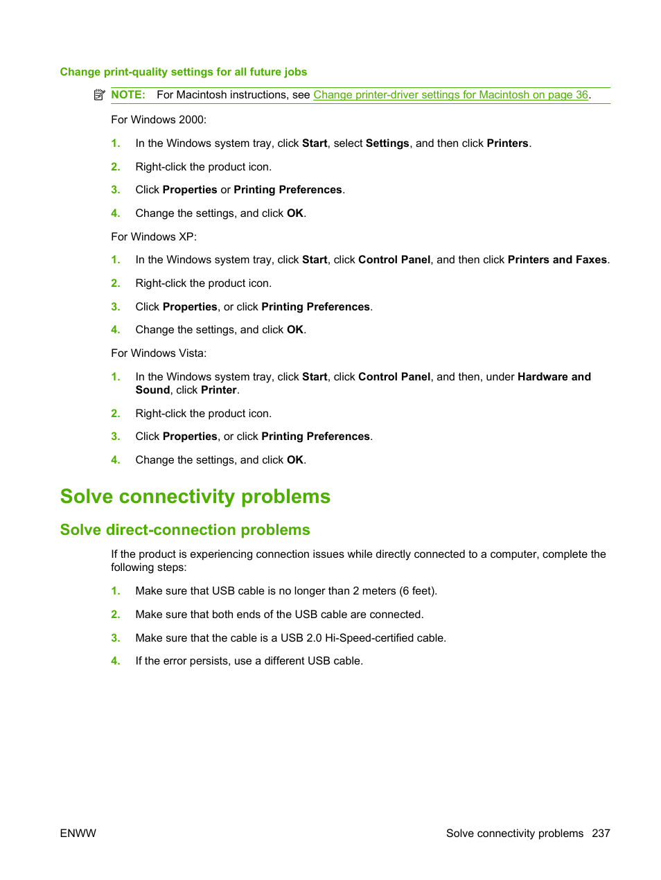 Change print-quality settings for all future jobs, Solve connectivity problems, Solve direct-connection problems | HP Color LaserJet CM2320 Multifunction Printer series User Manual | Page 249 / 292