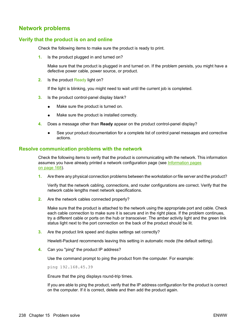 Network problems, Verify that the product is on and online, Resolve communication problems with the network | HP Color LaserJet CM2320 Multifunction Printer series User Manual | Page 250 / 292