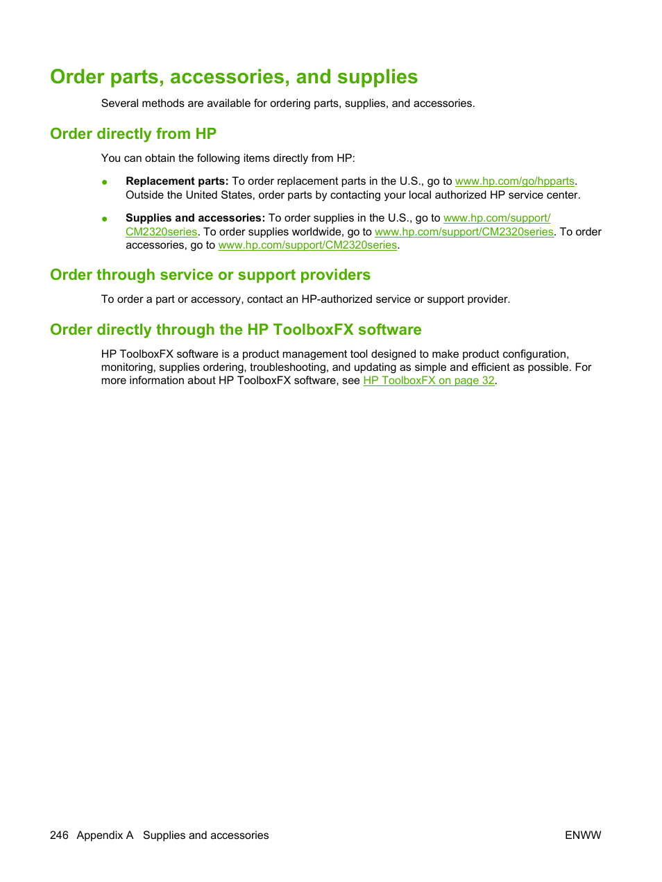Order parts, accessories, and supplies, Order directly from hp, Order through service or support providers | Order directly through the hp toolboxfx software | HP Color LaserJet CM2320 Multifunction Printer series User Manual | Page 258 / 292
