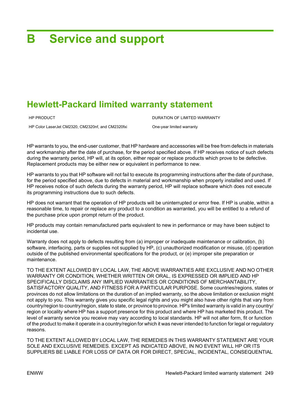 Service and support, Hewlett-packard limited warranty statement, Appendix b service and support | Bservice and support | HP Color LaserJet CM2320 Multifunction Printer series User Manual | Page 261 / 292