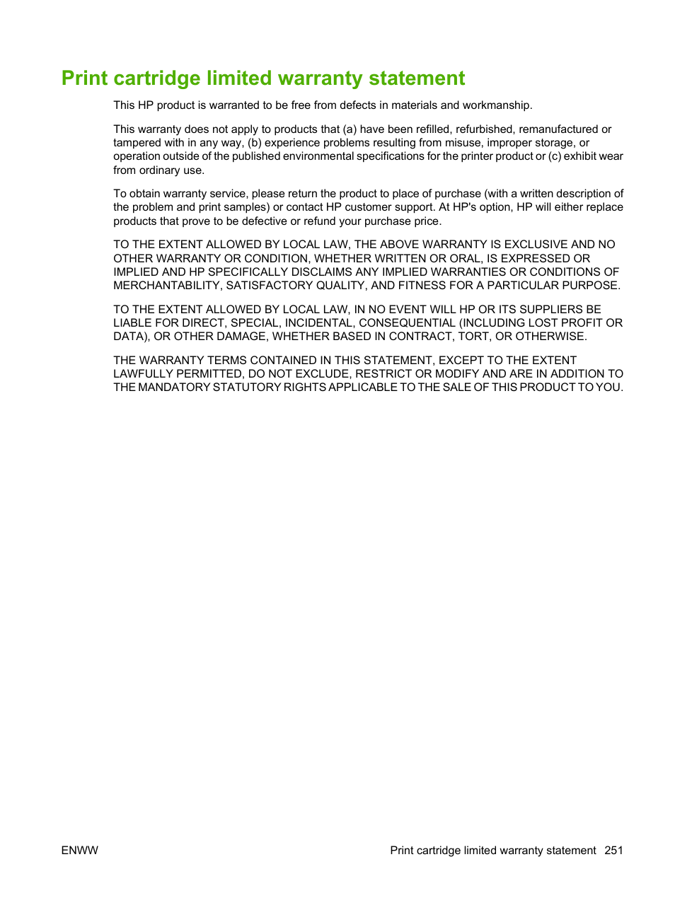 Print cartridge limited warranty statement | HP Color LaserJet CM2320 Multifunction Printer series User Manual | Page 263 / 292