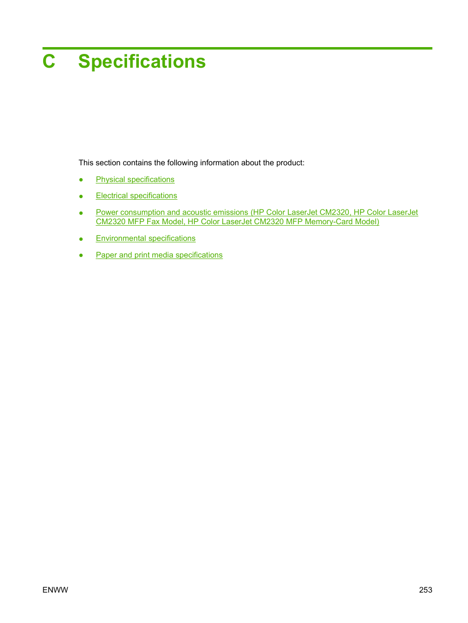 Specifications, Appendix c specifications, Cspecifications | HP Color LaserJet CM2320 Multifunction Printer series User Manual | Page 265 / 292