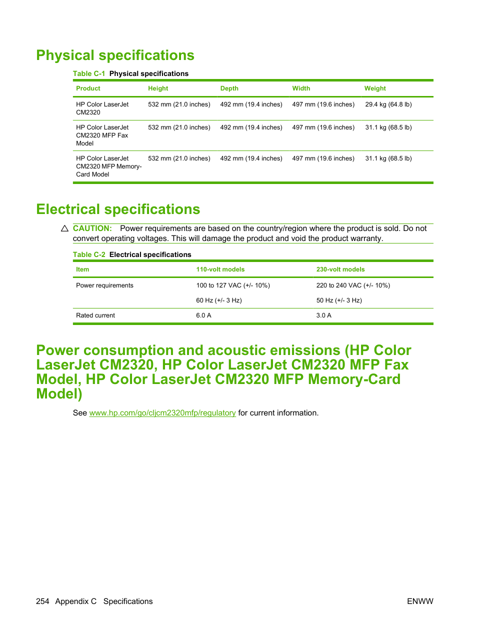 Physical specifications, Electrical specifications | HP Color LaserJet CM2320 Multifunction Printer series User Manual | Page 266 / 292