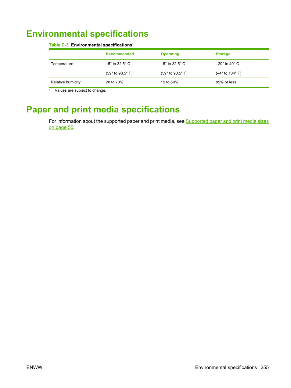 Environmental specifications, Paper and print media specifications | HP Color LaserJet CM2320 Multifunction Printer series User Manual | Page 267 / 292