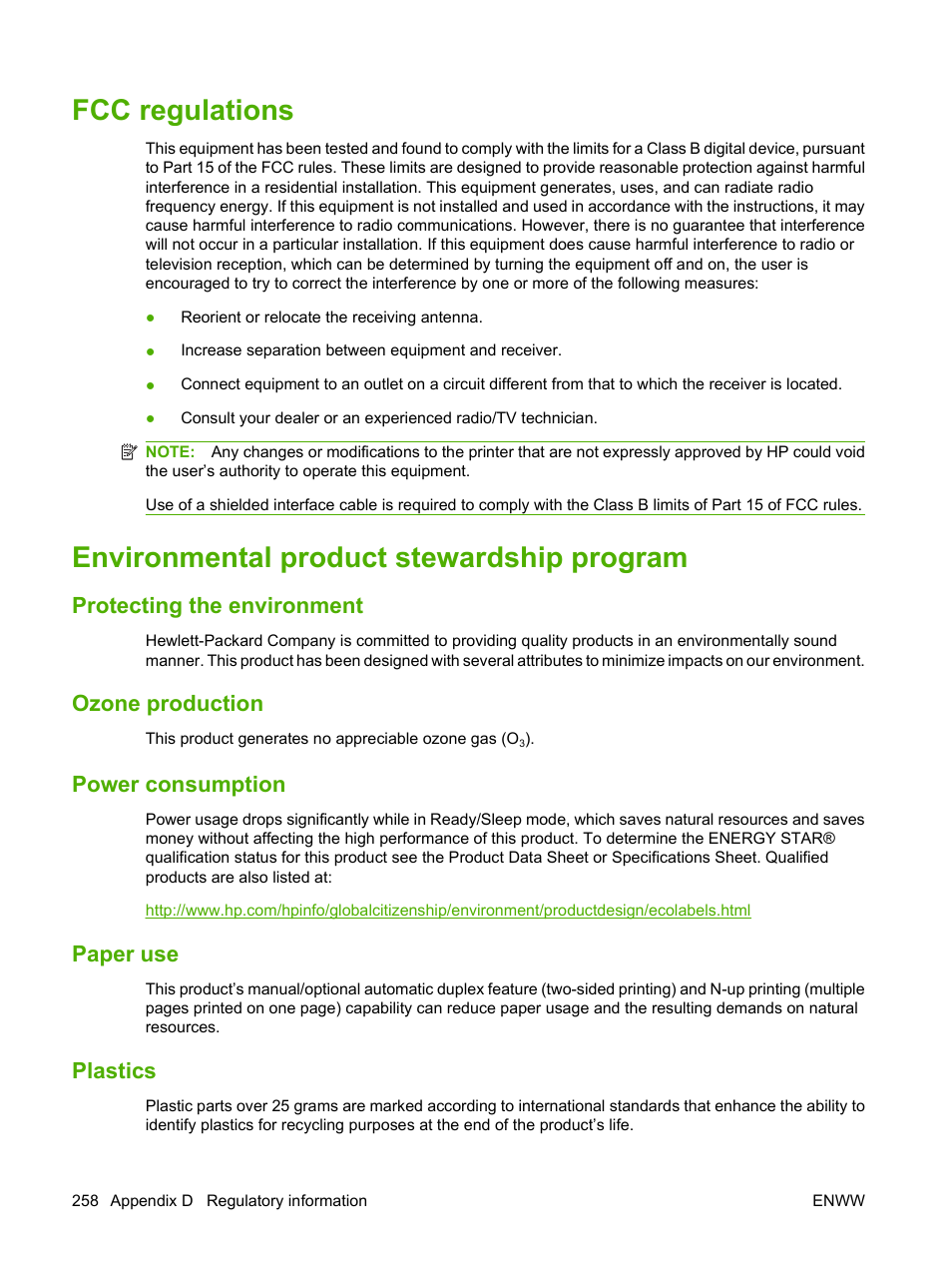 Fcc regulations, Environmental product stewardship program, Protecting the environment | Ozone production, Power consumption, Paper use, Plastics | HP Color LaserJet CM2320 Multifunction Printer series User Manual | Page 270 / 292