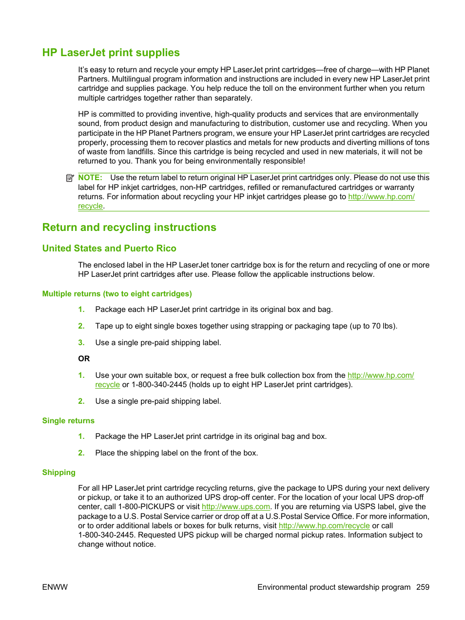 Hp laserjet print supplies, Return and recycling instructions, United states and puerto rico | Multiple returns (two to eight cartridges), Single returns, Shipping | HP Color LaserJet CM2320 Multifunction Printer series User Manual | Page 271 / 292