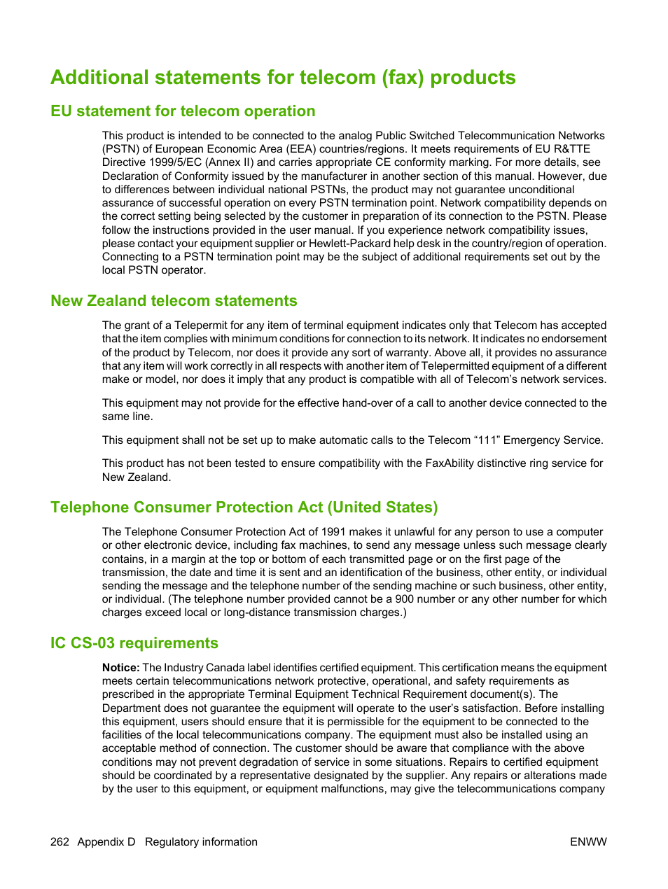 Additional statements for telecom (fax) products, Eu statement for telecom operation, New zealand telecom statements | Telephone consumer protection act (united states), Ic cs-03 requirements | HP Color LaserJet CM2320 Multifunction Printer series User Manual | Page 274 / 292