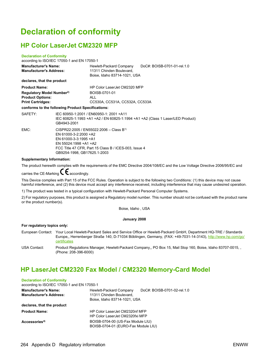 Declaration of conformity, Hp color laserjet cm2320 mfp | HP Color LaserJet CM2320 Multifunction Printer series User Manual | Page 276 / 292