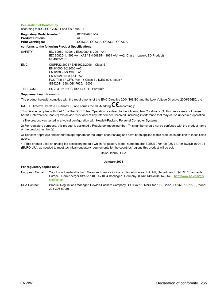 Enww declaration of conformity 265 | HP Color LaserJet CM2320 Multifunction Printer series User Manual | Page 277 / 292