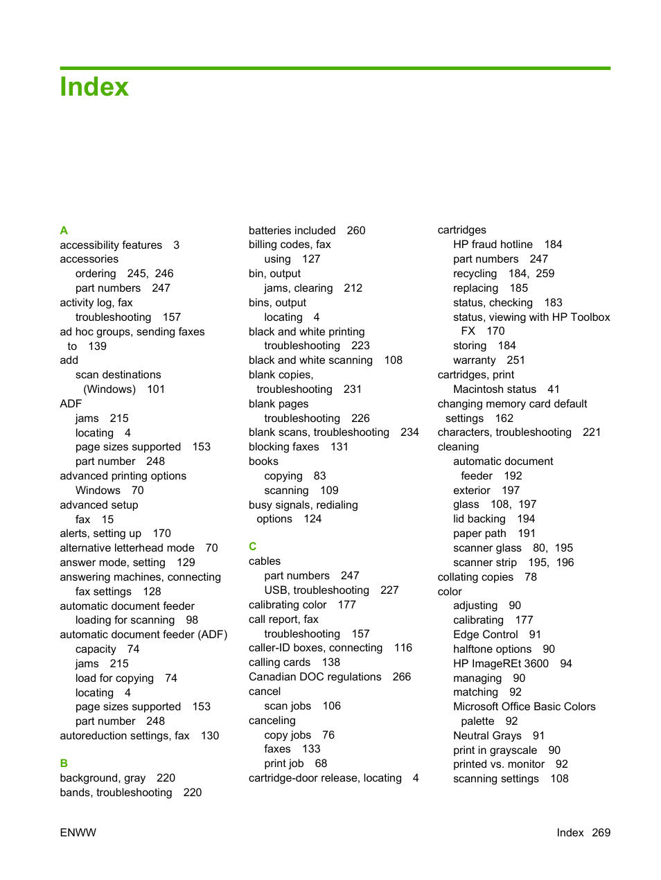 Index | HP Color LaserJet CM2320 Multifunction Printer series User Manual | Page 281 / 292