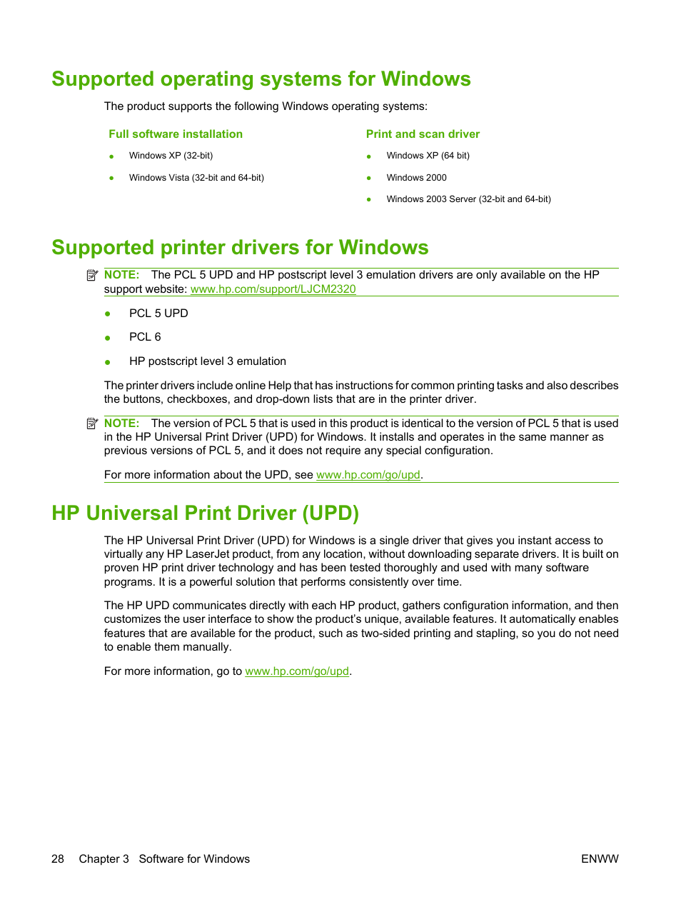Supported operating systems for windows, Supported printer drivers for windows, Hp universal print driver (upd) | HP Color LaserJet CM2320 Multifunction Printer series User Manual | Page 40 / 292