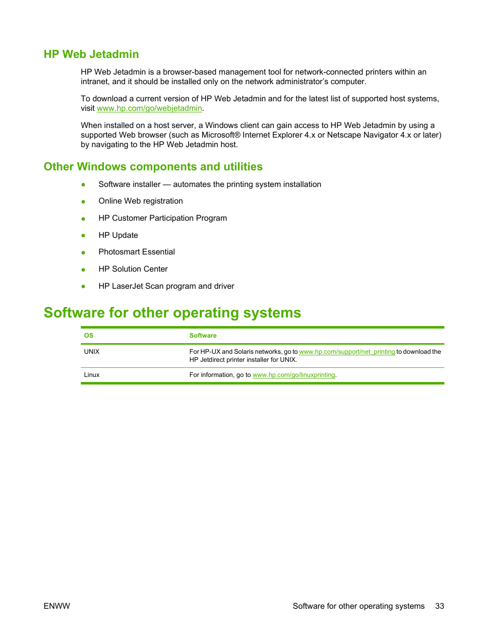 Hp web jetadmin, Other windows components and utilities, Software for other operating systems | HP Color LaserJet CM2320 Multifunction Printer series User Manual | Page 45 / 292