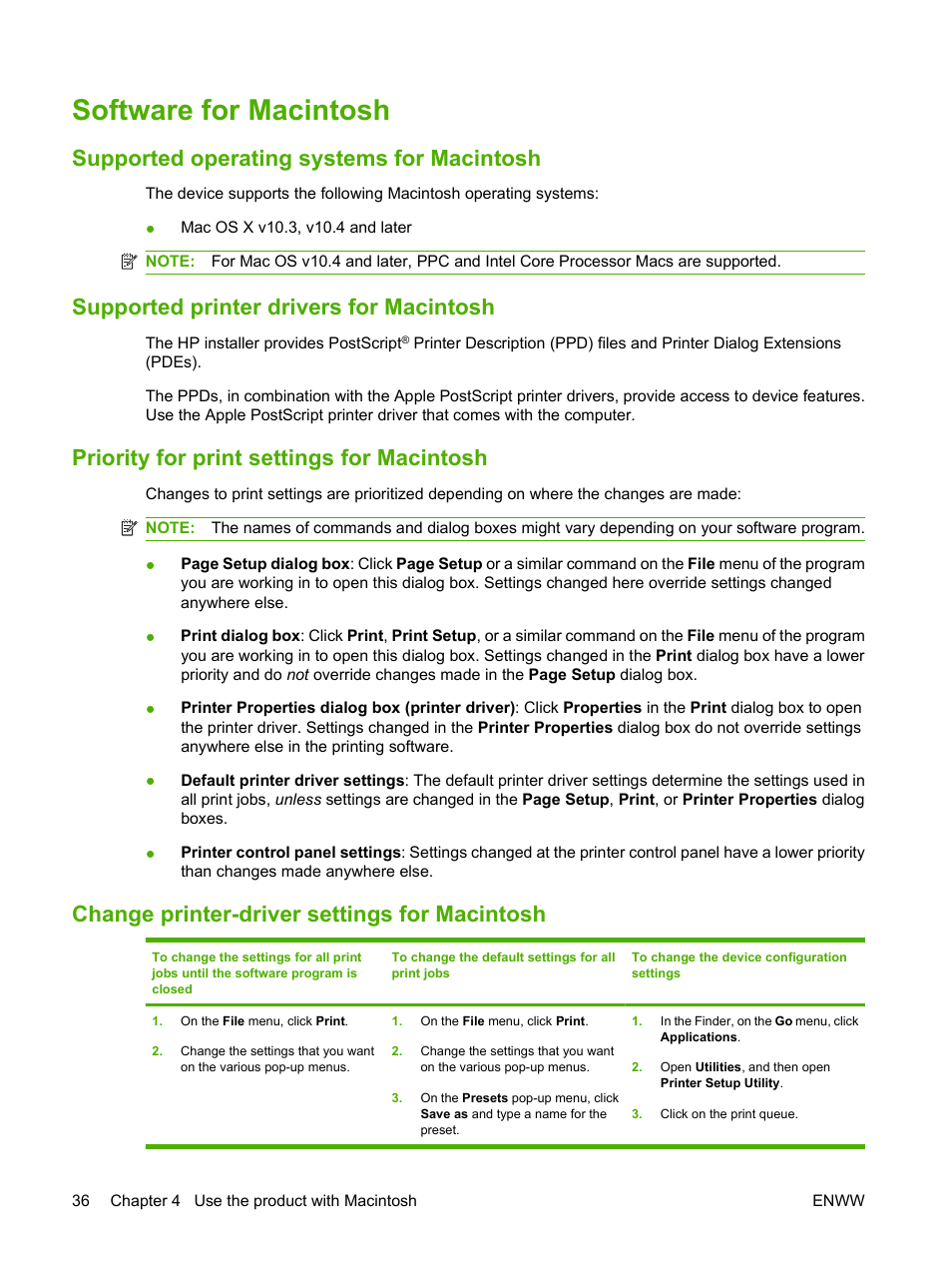 Software for macintosh, Supported operating systems for macintosh, Supported printer drivers for macintosh | Priority for print settings for macintosh, Change printer-driver settings for macintosh | HP Color LaserJet CM2320 Multifunction Printer series User Manual | Page 48 / 292