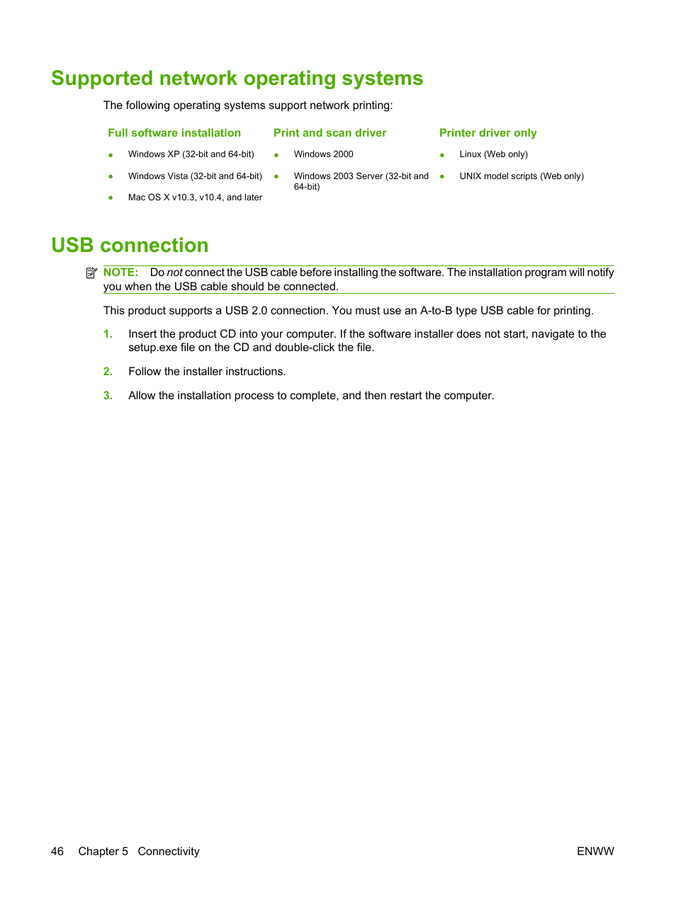 Supported network operating systems, Usb connection, Supported network operating systems usb connection | HP Color LaserJet CM2320 Multifunction Printer series User Manual | Page 58 / 292