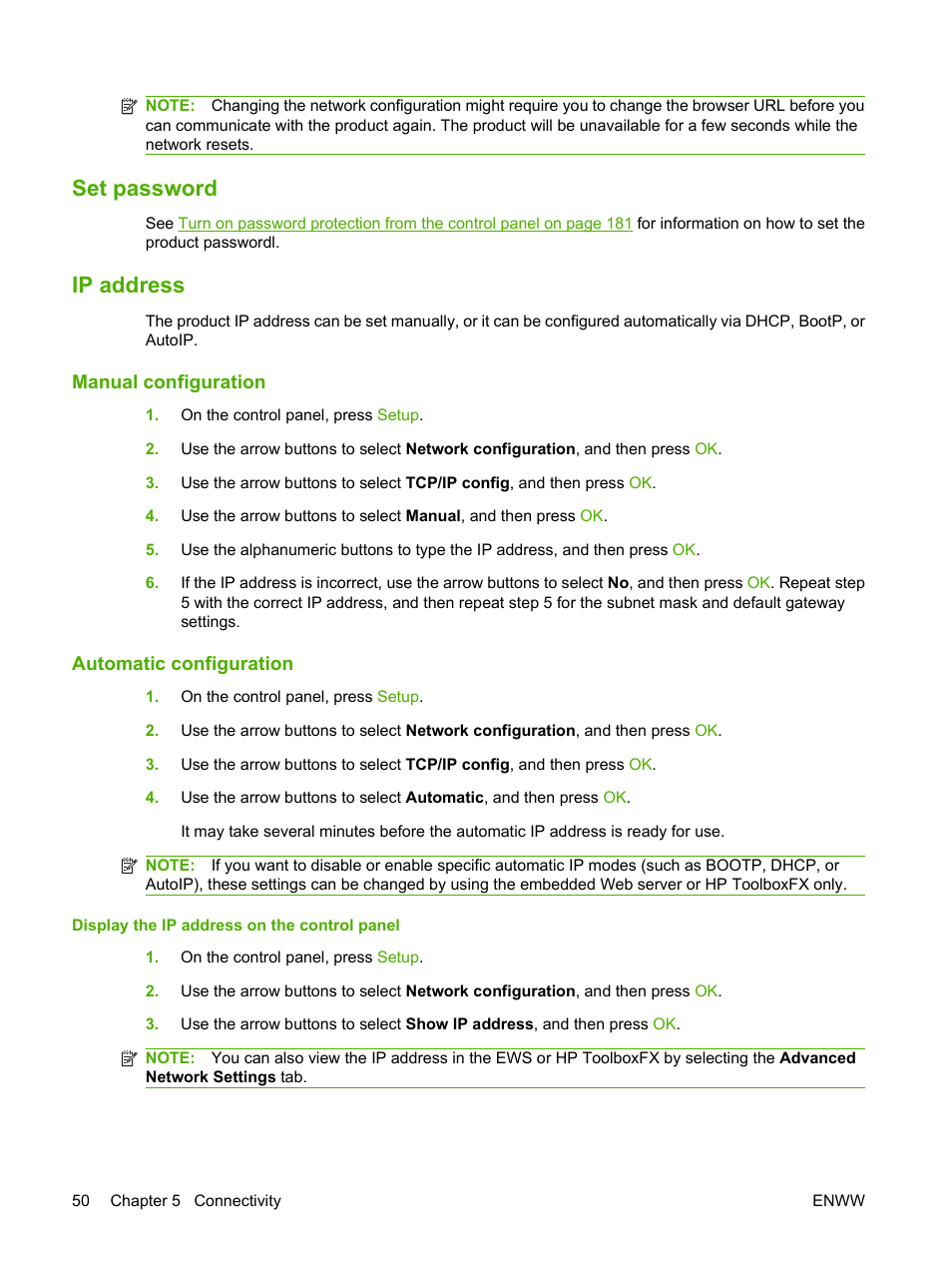 Set password, Ip address, Manual configuration | Automatic configuration, Set password ip address | HP Color LaserJet CM2320 Multifunction Printer series User Manual | Page 62 / 292