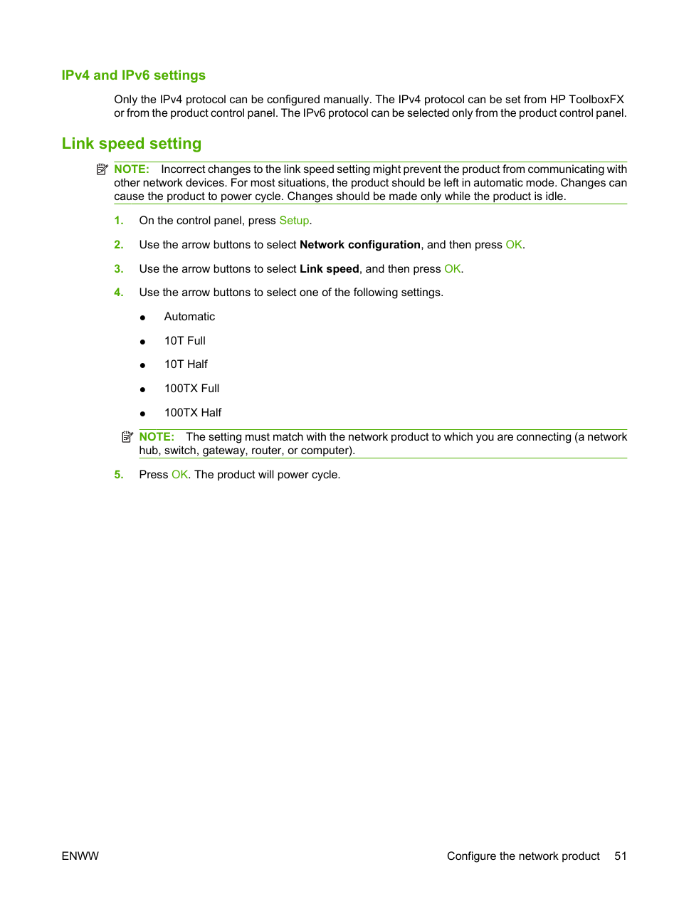 Ipv4 and ipv6 settings, Link speed setting | HP Color LaserJet CM2320 Multifunction Printer series User Manual | Page 63 / 292