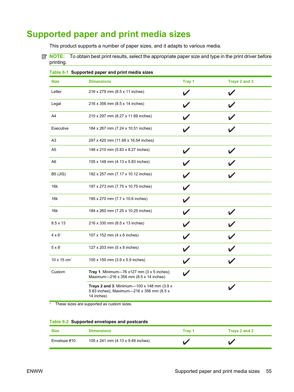 Supported paper and print media sizes, Enww supported paper and print media sizes 55 | HP Color LaserJet CM2320 Multifunction Printer series User Manual | Page 67 / 292