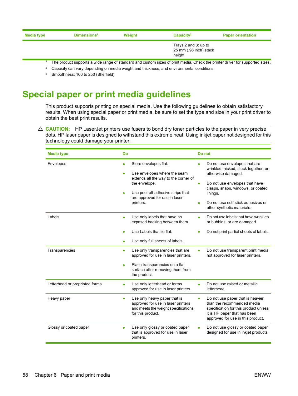 Special paper or print media guidelines, 58 chapter 6 paper and print media enww | HP Color LaserJet CM2320 Multifunction Printer series User Manual | Page 70 / 292