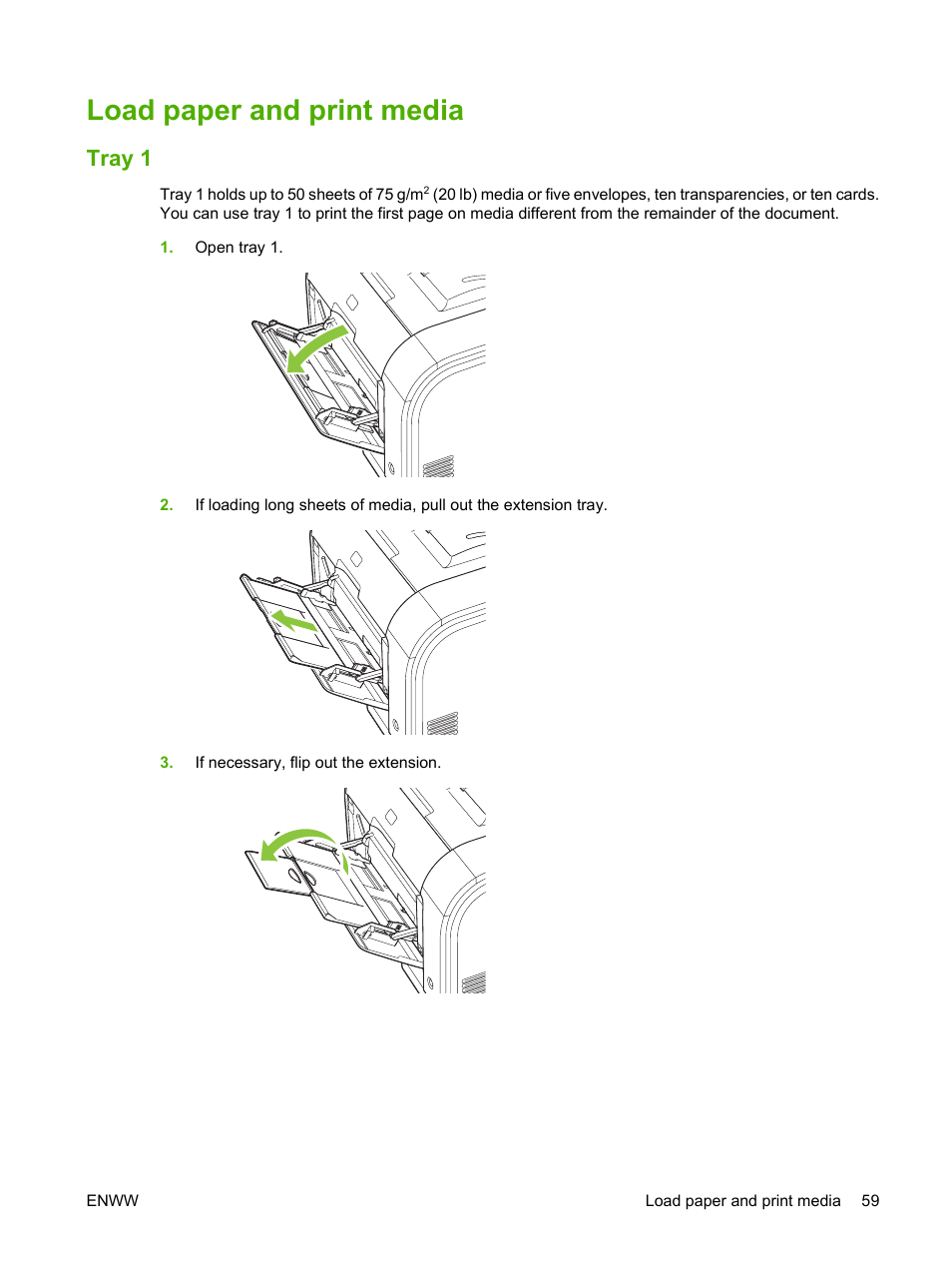 Load paper and print media, Tray 1 | HP Color LaserJet CM2320 Multifunction Printer series User Manual | Page 71 / 292