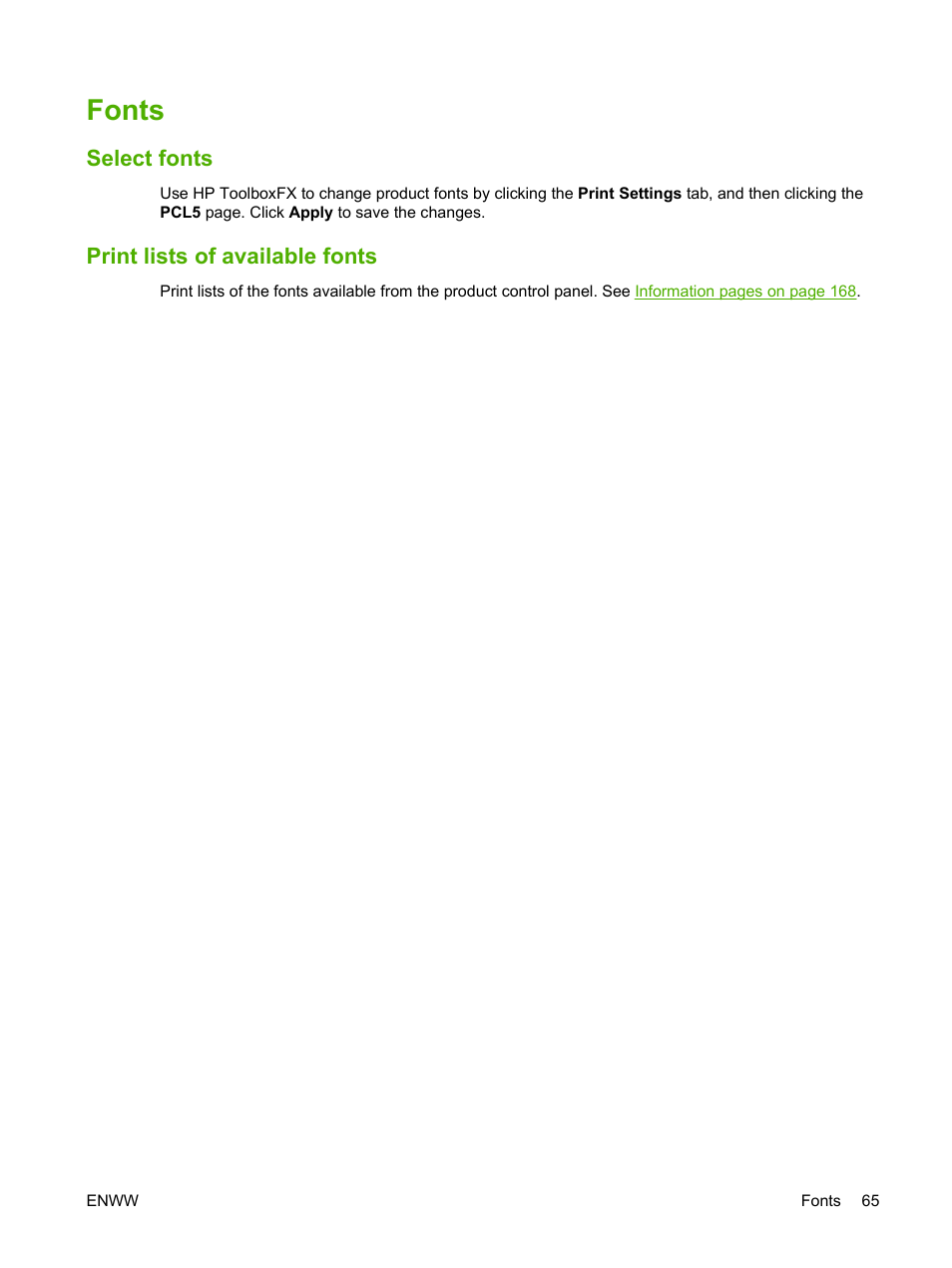 Fonts, Select fonts, Print lists of available fonts | Select fonts print lists of available fonts | HP Color LaserJet CM2320 Multifunction Printer series User Manual | Page 77 / 292
