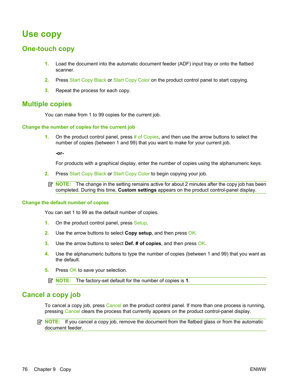 Use copy, One-touch copy, Multiple copies | Cancel a copy job, One-touch copy multiple copies cancel a copy job | HP Color LaserJet CM2320 Multifunction Printer series User Manual | Page 88 / 292