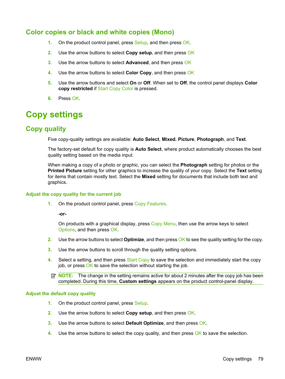 Color copies or black and white copies (mono), Copy settings, Copy quality | HP Color LaserJet CM2320 Multifunction Printer series User Manual | Page 91 / 292