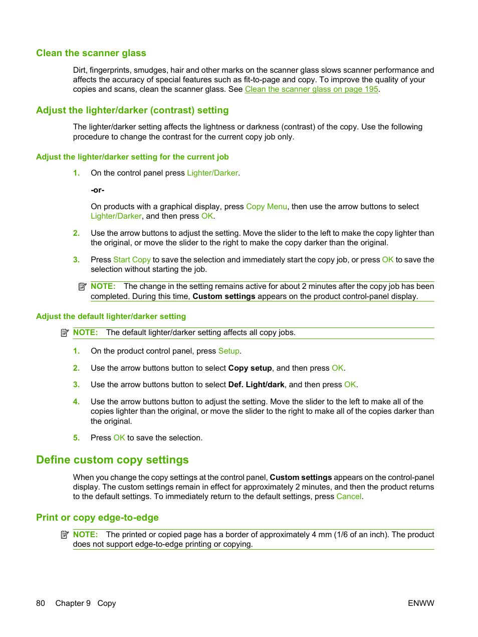 Clean the scanner glass, Adjust the lighter/darker (contrast) setting, Define custom copy settings | Print or copy edge-to-edge | HP Color LaserJet CM2320 Multifunction Printer series User Manual | Page 92 / 292