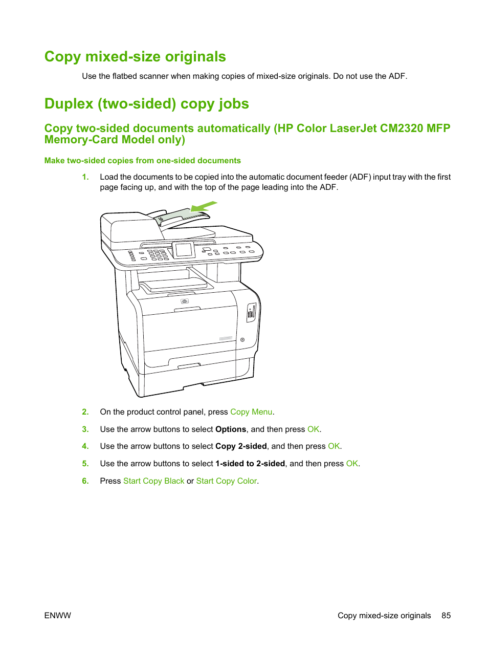 Copy mixed-size originals, Duplex (two-sided) copy jobs | HP Color LaserJet CM2320 Multifunction Printer series User Manual | Page 97 / 292