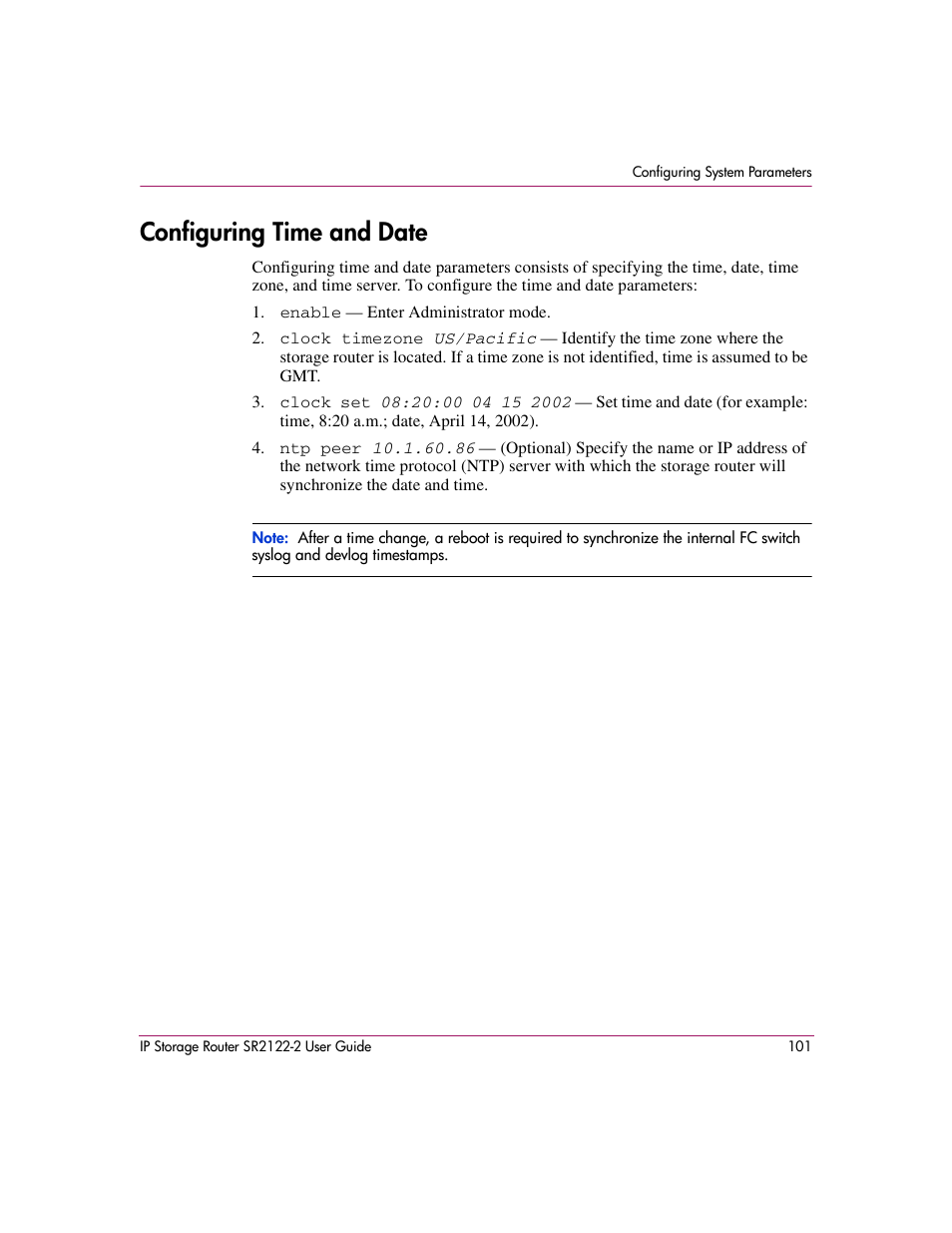 Configuring time and date | HP StorageWorks IP Storage Router User Manual | Page 101 / 242