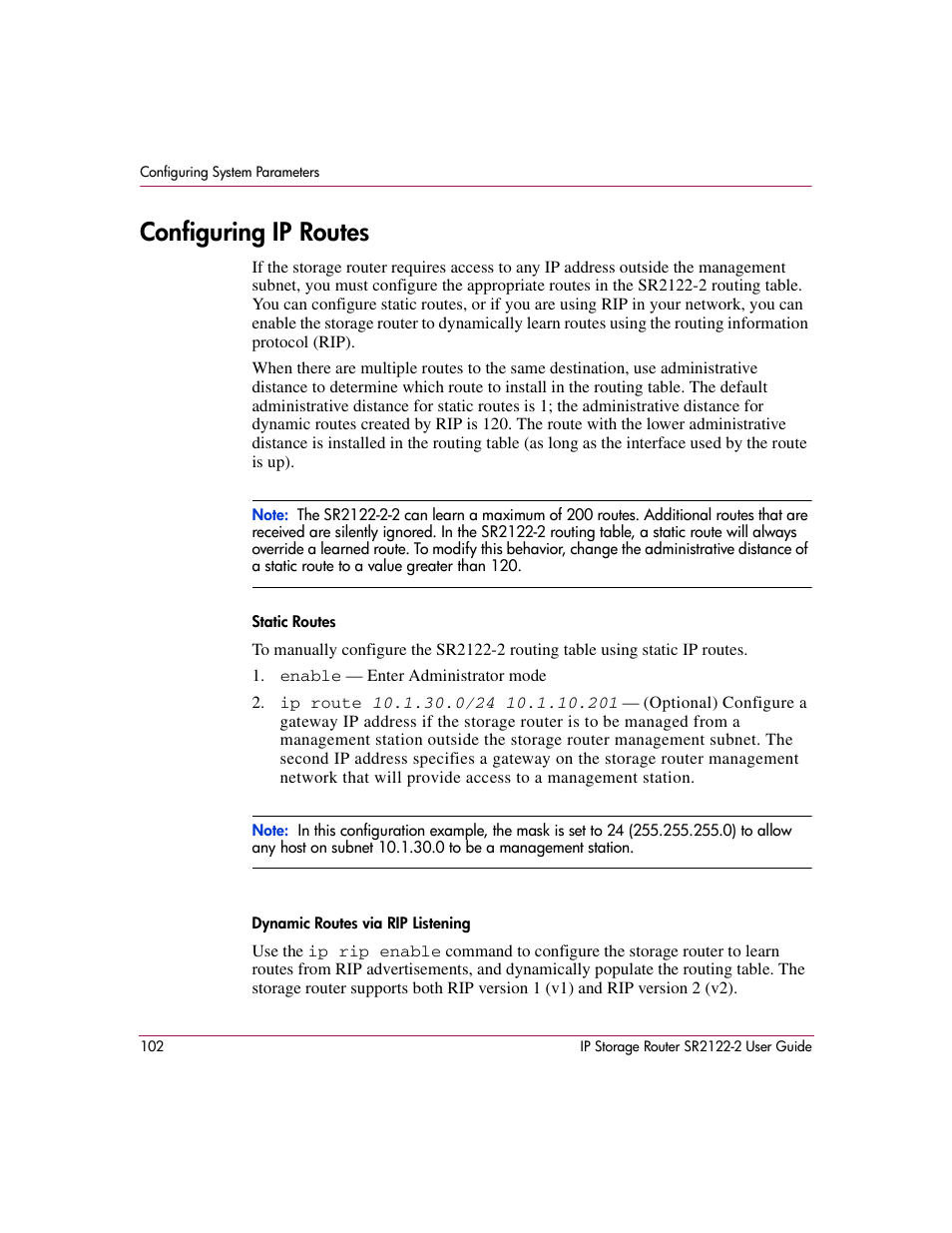 Configuring ip routes, Static routes dynamic routes via rip listening | HP StorageWorks IP Storage Router User Manual | Page 102 / 242