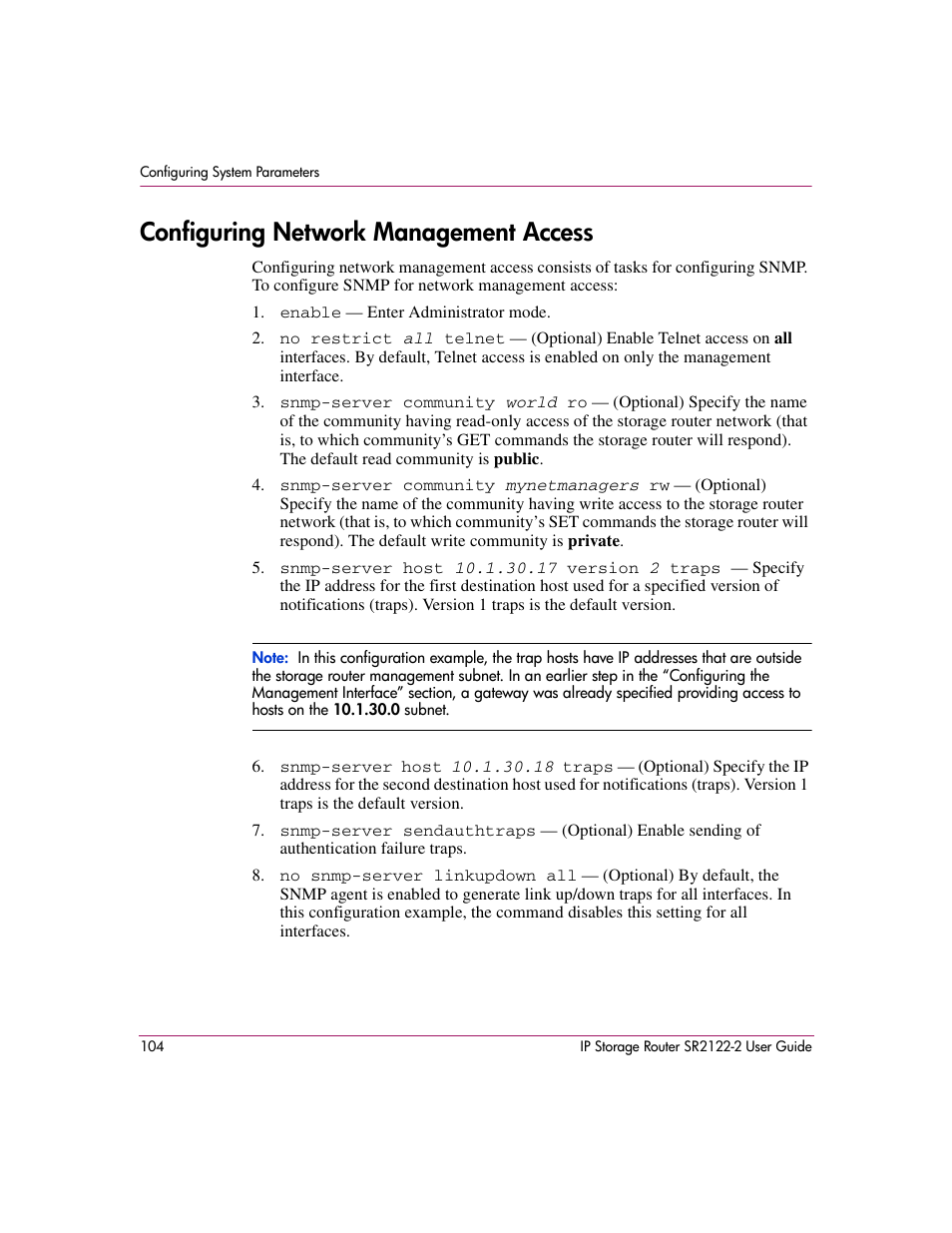 Configuring network management access | HP StorageWorks IP Storage Router User Manual | Page 104 / 242