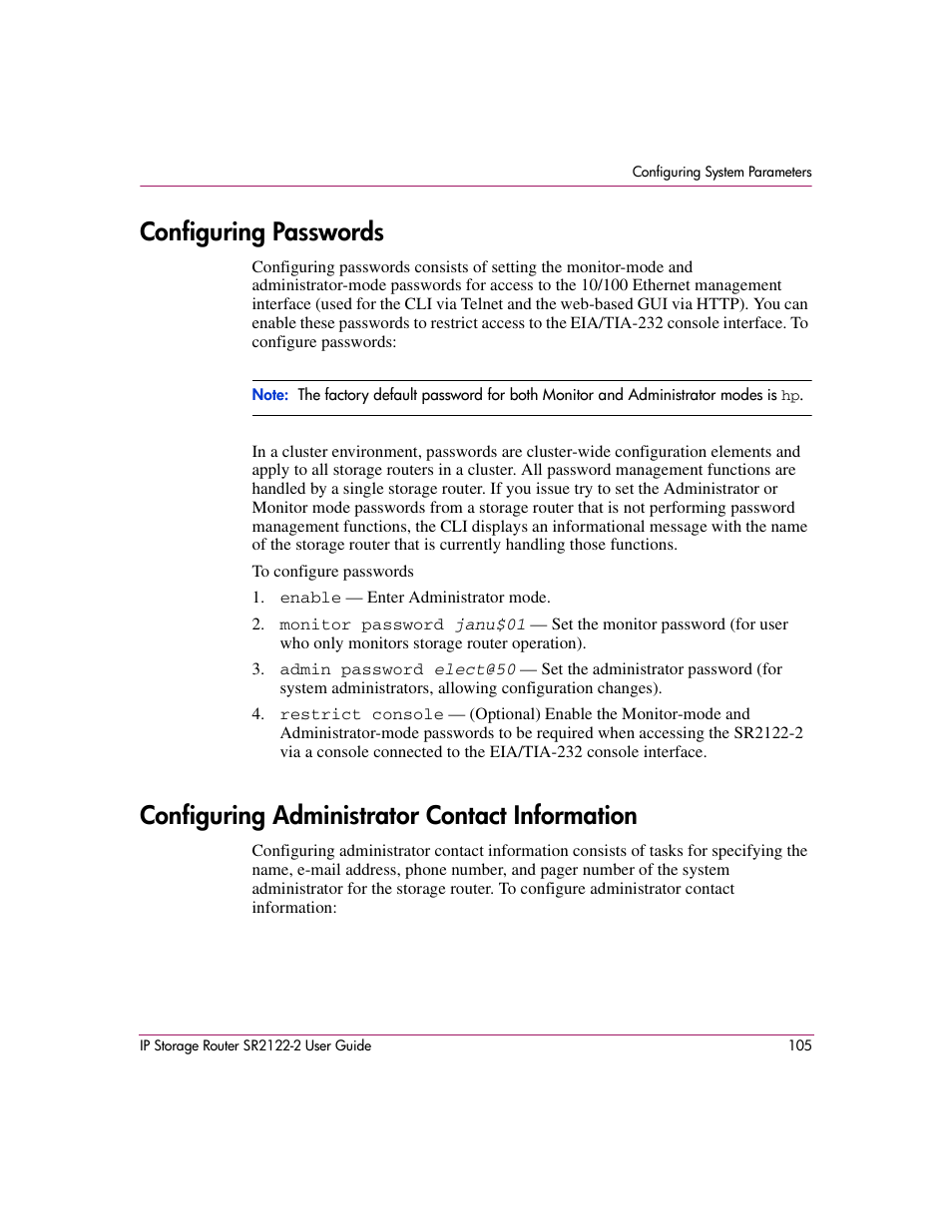 Configuring passwords, Configuring administrator contact information | HP StorageWorks IP Storage Router User Manual | Page 105 / 242