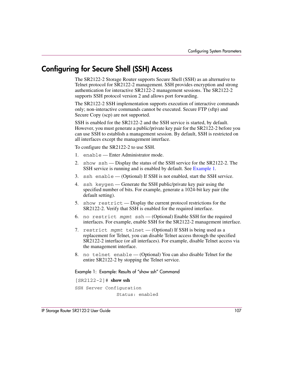 Configuring for secure shell (ssh) access | HP StorageWorks IP Storage Router User Manual | Page 107 / 242