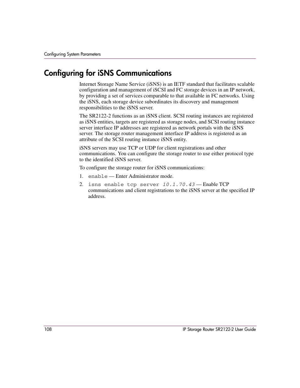 Configuring for isns communications | HP StorageWorks IP Storage Router User Manual | Page 108 / 242